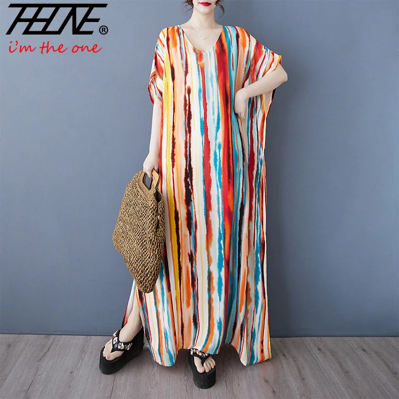 THHONE Plus Size Kleid Damen Sommer Bohemian Beach Style Vintage Urlaub Lose V-Ausschnitt Lässige Damenkleidung Lang Neu in Kleidern