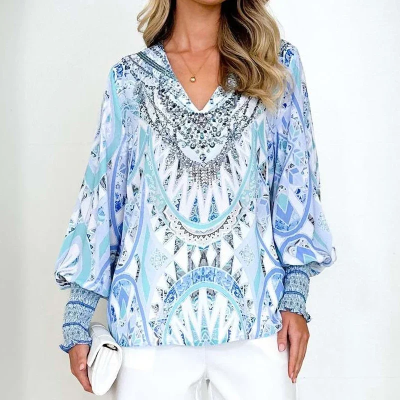 2023 Autumn/Winter Women's Clothes Elegant V-neck Printed Bohemian Blouse Fashion Lantern Long Sleeve Loose Shirt Blusas 30093