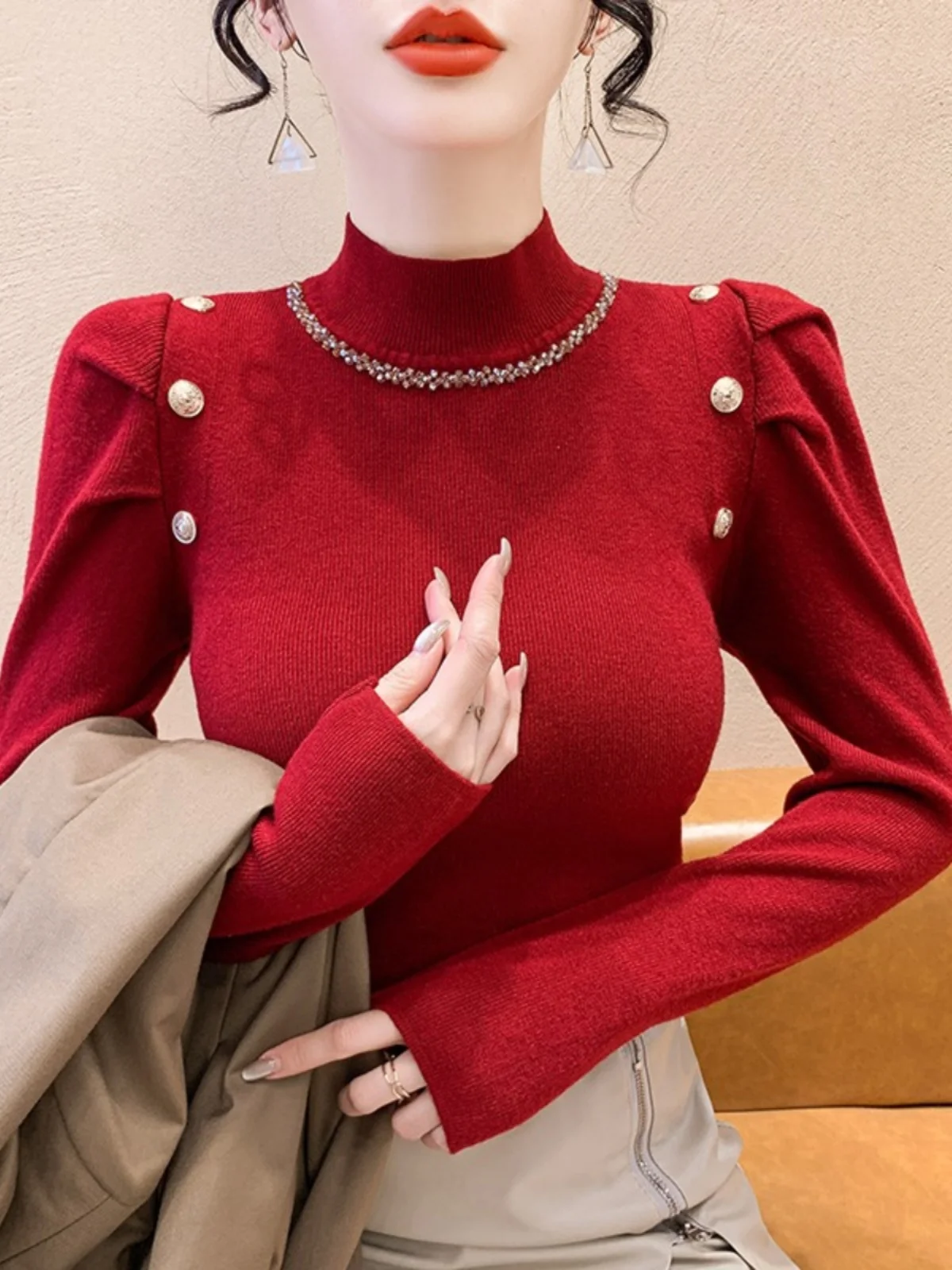 

Модный женский свитер с длинным рукавом и полувысоким воротником, украшенный стразами, в корейском стиле...