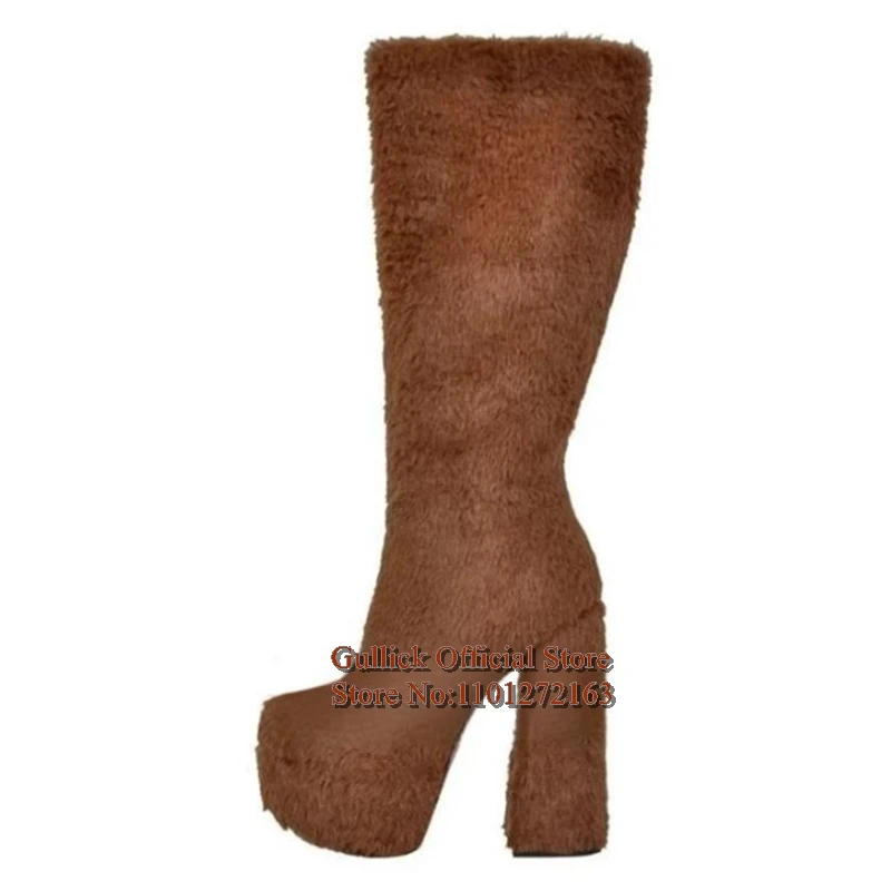 

Мягкие розовые меховые высокие сапоги на массивном каблуке с круглым носком, на молнии, зимние, теплые, плюшевые, пушистые, длинные сапоги