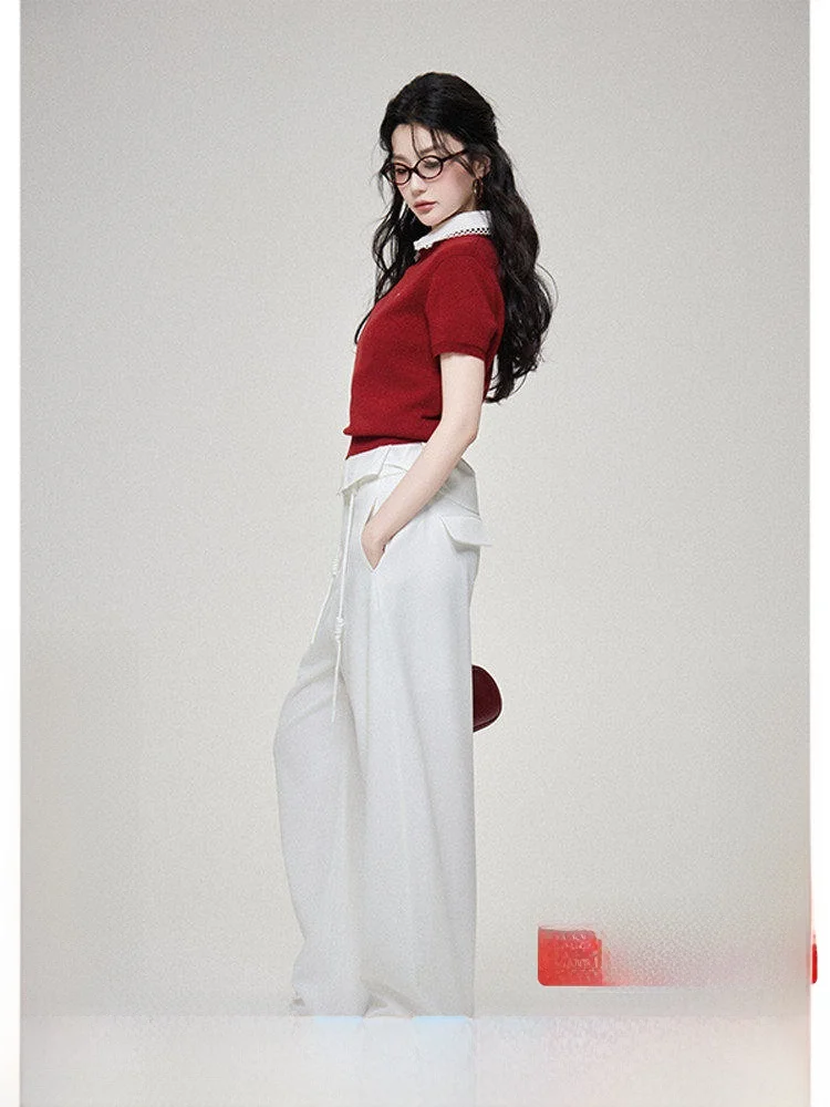 

LulusMiracle Pure White Simple Women's Loose Straight Leg Casual Pants Comfortable Slimming Effect Polyester Spandex Blend