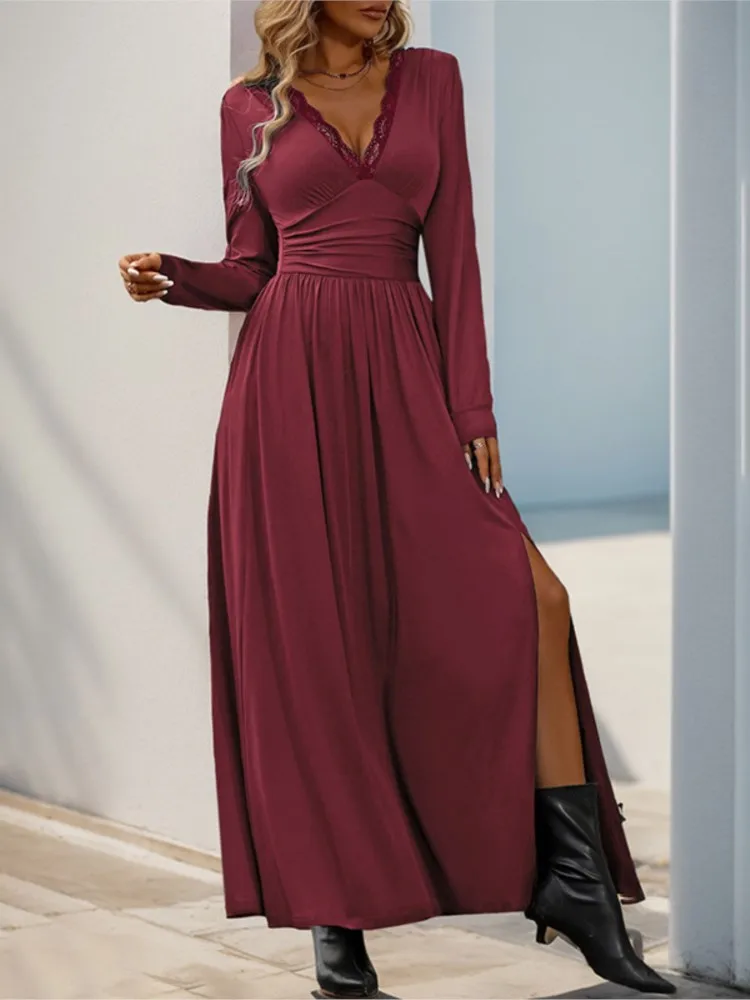 

2025 Fashion casual long-sleeved V-neck dress commuting sexy temperament solid color lace slim dress elegant slit long skirt