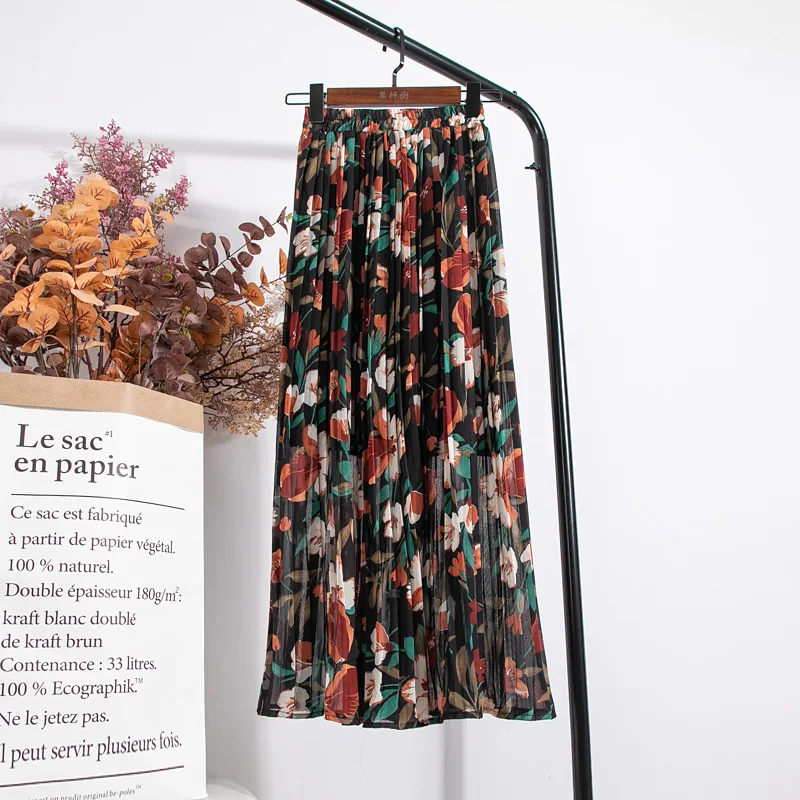 Primavera e verão feminino férias babados longo elegante cintura alta floral vintage saia longa de chiffon