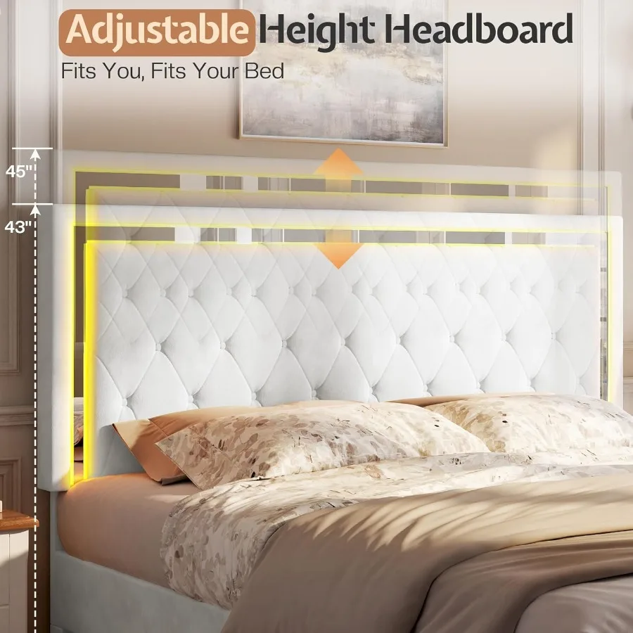 إطار سرير كوين مع أضواء LED، لوح أمامي، لوح قدم مخملي منجد بحجم كوين، إطار سرير بدون صندوق زنبركي، أبيض