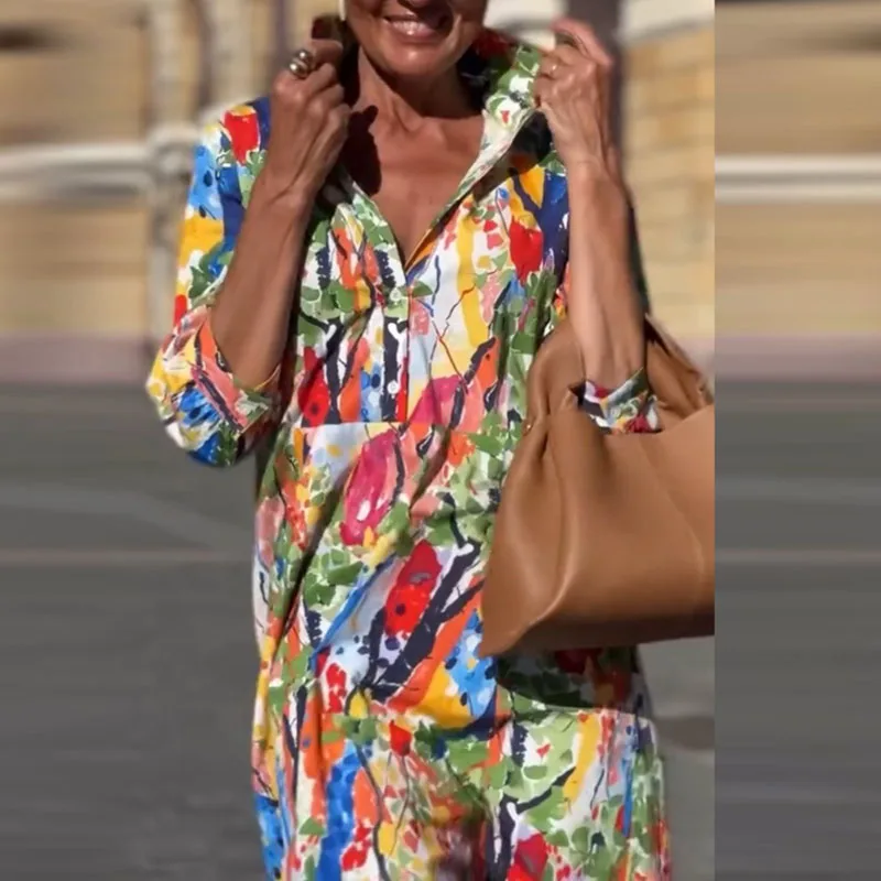 Zomer losse shirtjurk met lange mouwen Vrouw Casual turn-down kraag Print Kantoorjurken Elegante losse geplooide gewaadjurk met veters