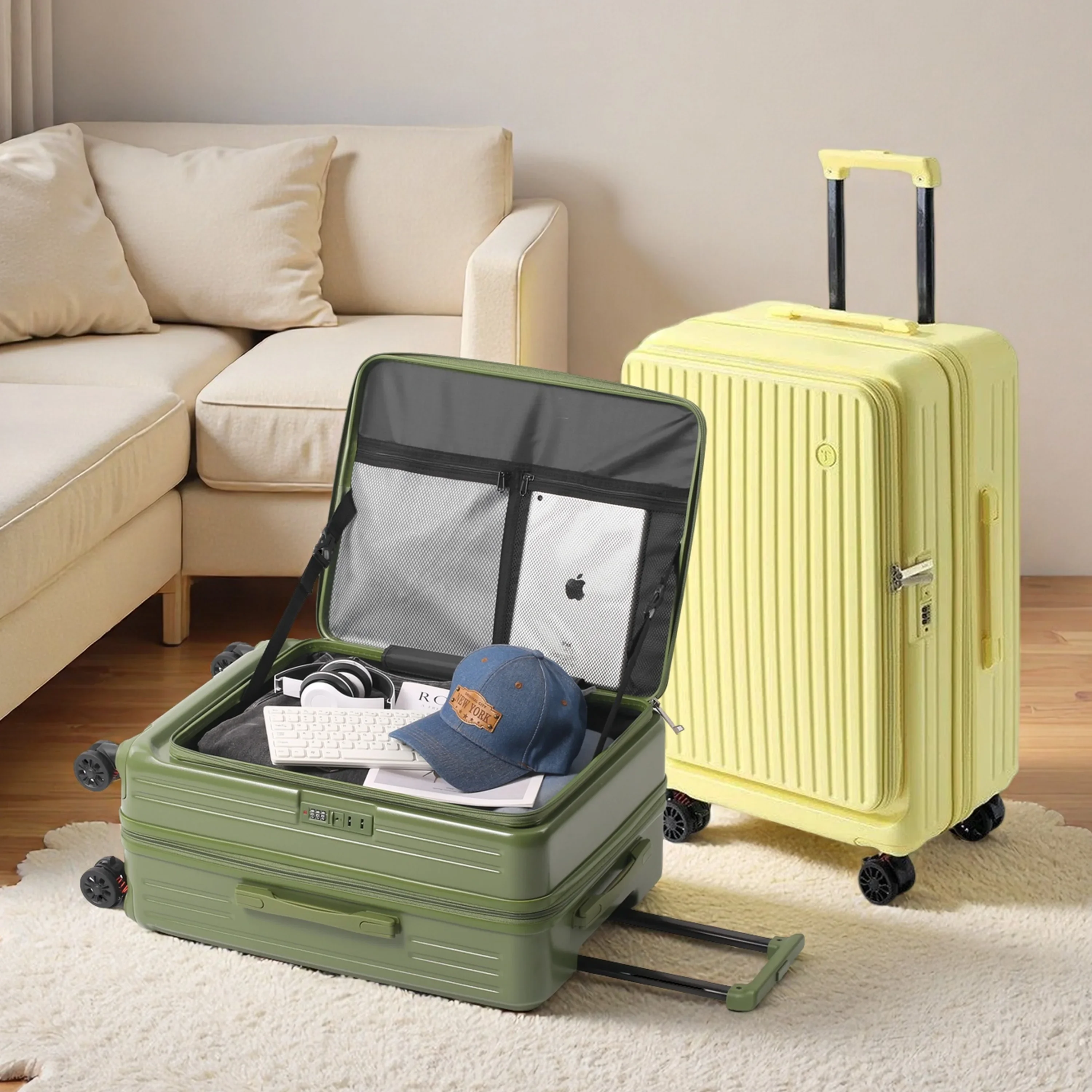 Multifunctional Expandable Luggage Front Opening Suitcase Cup Holder Hook Brake Silent Wheels Password Lock Travel Rolling Case