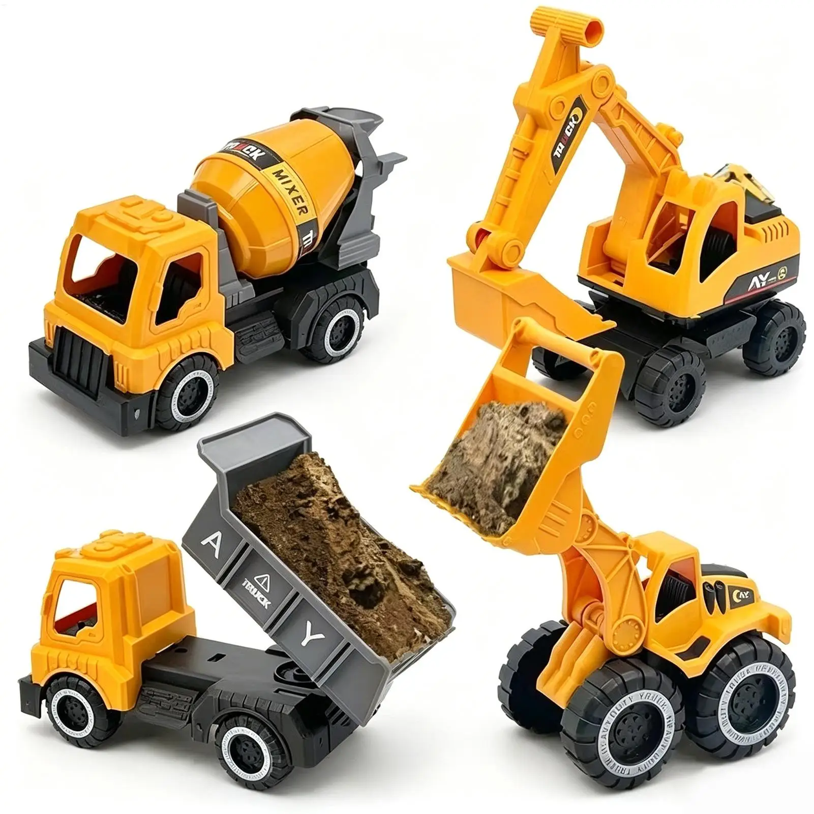 Construction Trucks with Excavator Small Beach Toys 4-Piece Outdoor Truck Sand Play Games for Kids Boys Girls Garden Backyard