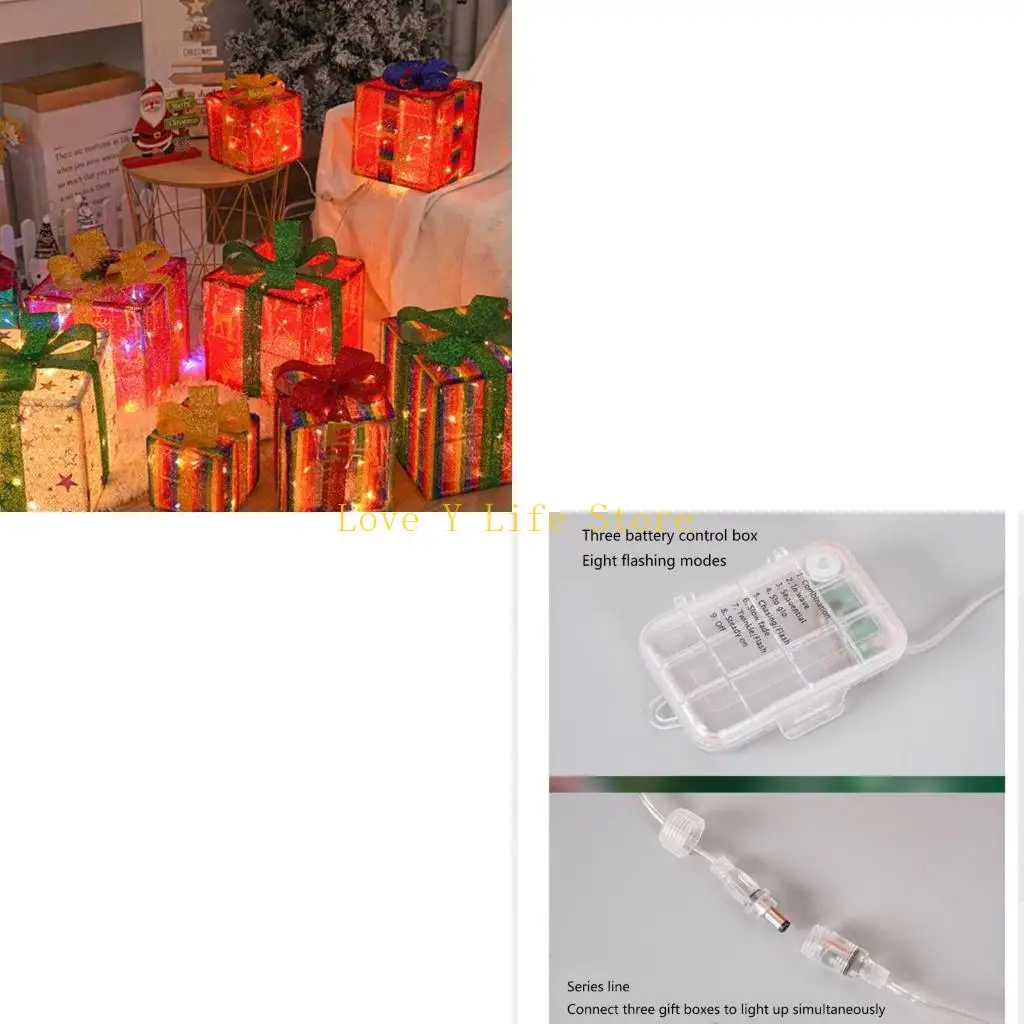 

L74C 3 Pcs LED Lights Present Box Ornaments Lighted Gift Boxes Christmas Decorations