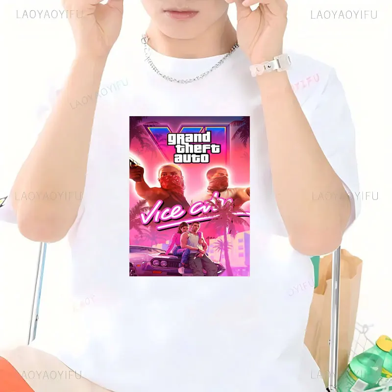Camisetas سرقة السيارات الكبرى VI GTA6 لعبة تي شيرت Camisa القطن س الرقبة ألعاب قميص مطبوع عادية مضحك القوطية المحملة Y2k الملابس