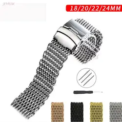 Stainless Steel Mesh Strap 18mm 20mm 22mm 24mm Dive Shark Milanese  Watchband Folding Buckle Rose Gold Wrist Belt Accessories