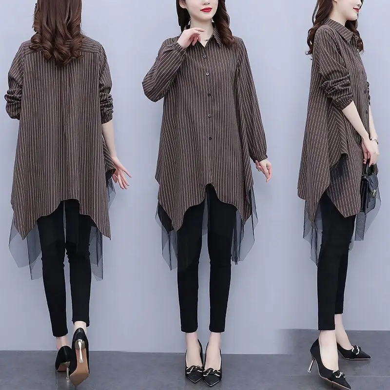 2024 Autumn Winter New Women\'s Polo-Neck Button Spliced Gauze Irregular Blouse Elegant Loose Commuter Long Sleeve Shirt Tops