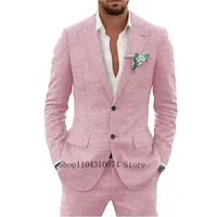 2 Pieces Blazer and Pants Set Linen Suit Tailored Suits Pocket in A Slot Men‘s Designer Clothes Vest for Office Evening Party 6