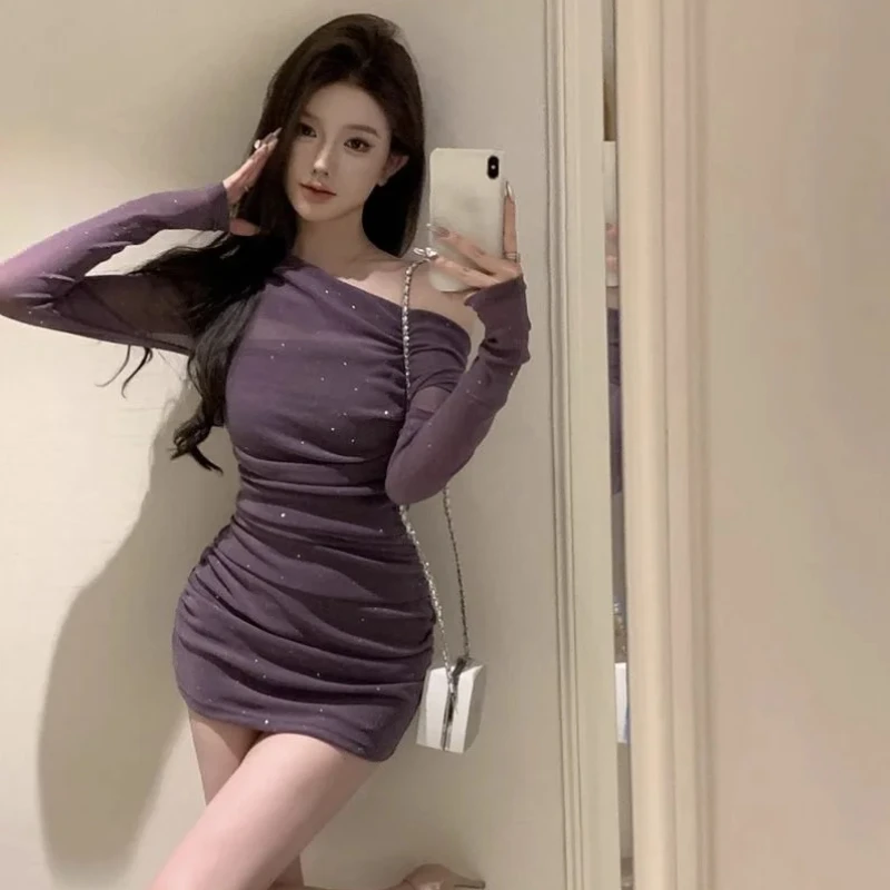 Female Dress High Quality Purple Sequin Short Mini Women\'s Long Sleeve Dresses Rhinestone One Pieces X On Promotion G Sales Thic