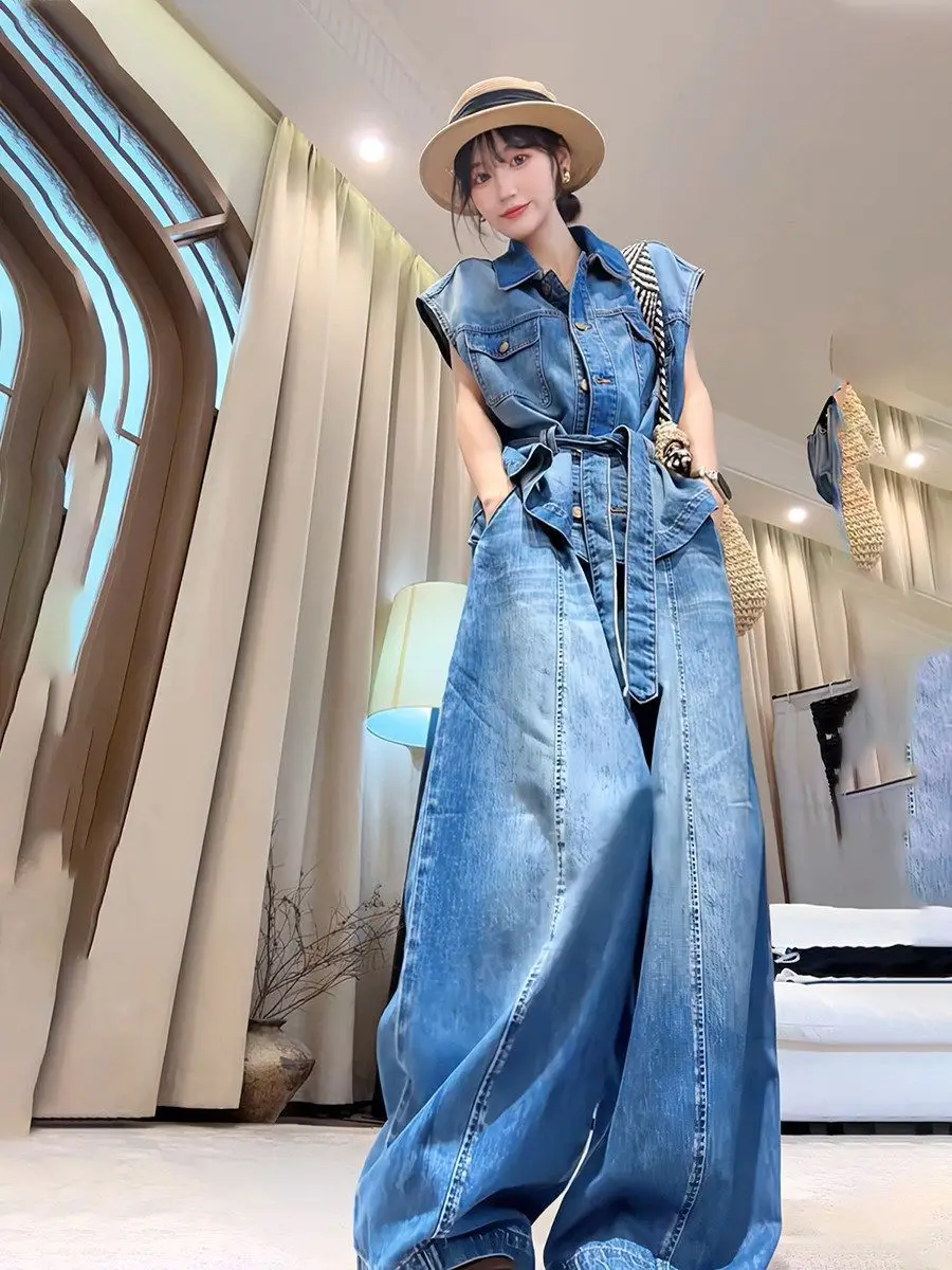 Retro Washed Denim Blue Suit Women'S Summer Lapel Vest Paired With High Waisted Wide Leg Pants Two-Piece Set