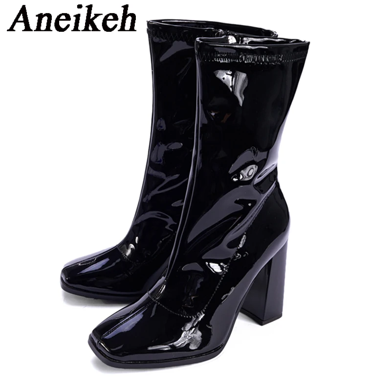 Aneikeh Autumn Winter Black Patent Leather Boots For Women Fashion Square Toe Zip Thick Heel Party Shoes Chelsea Ankle Booties