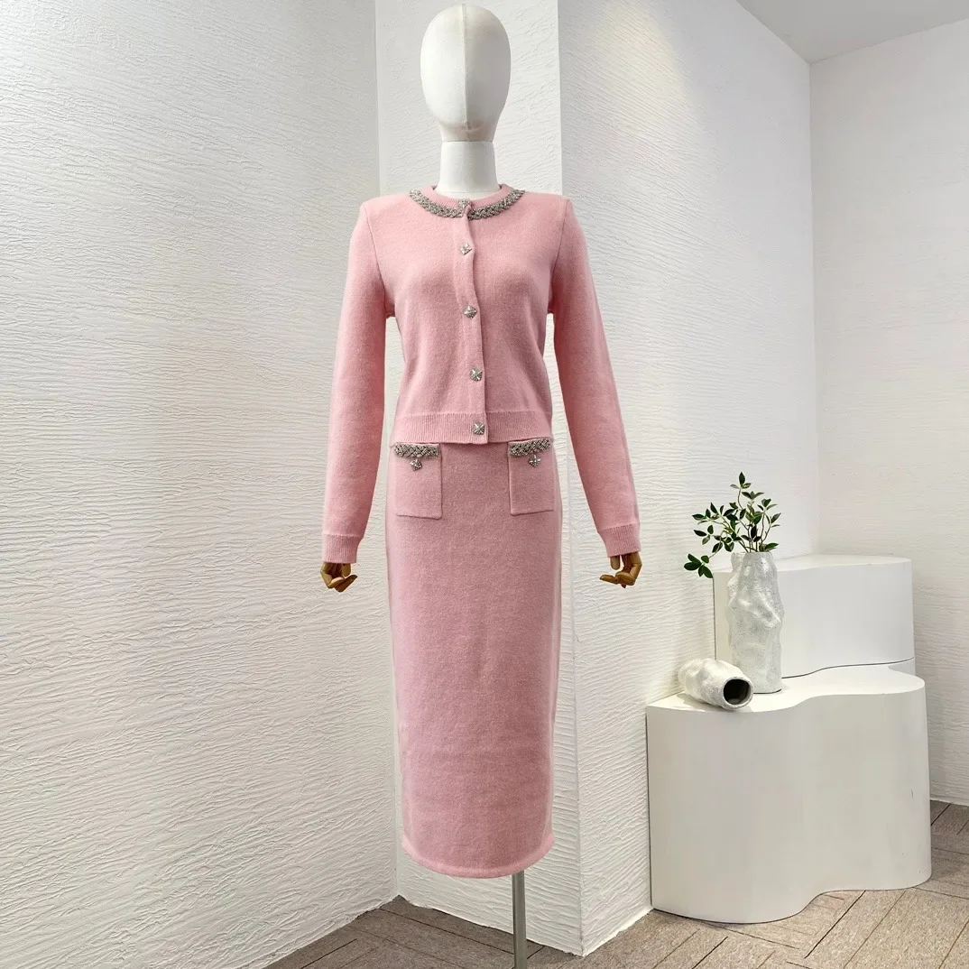 Pink Long Sleeve Knit Cardigan Tops and Skirt Set 2024 New