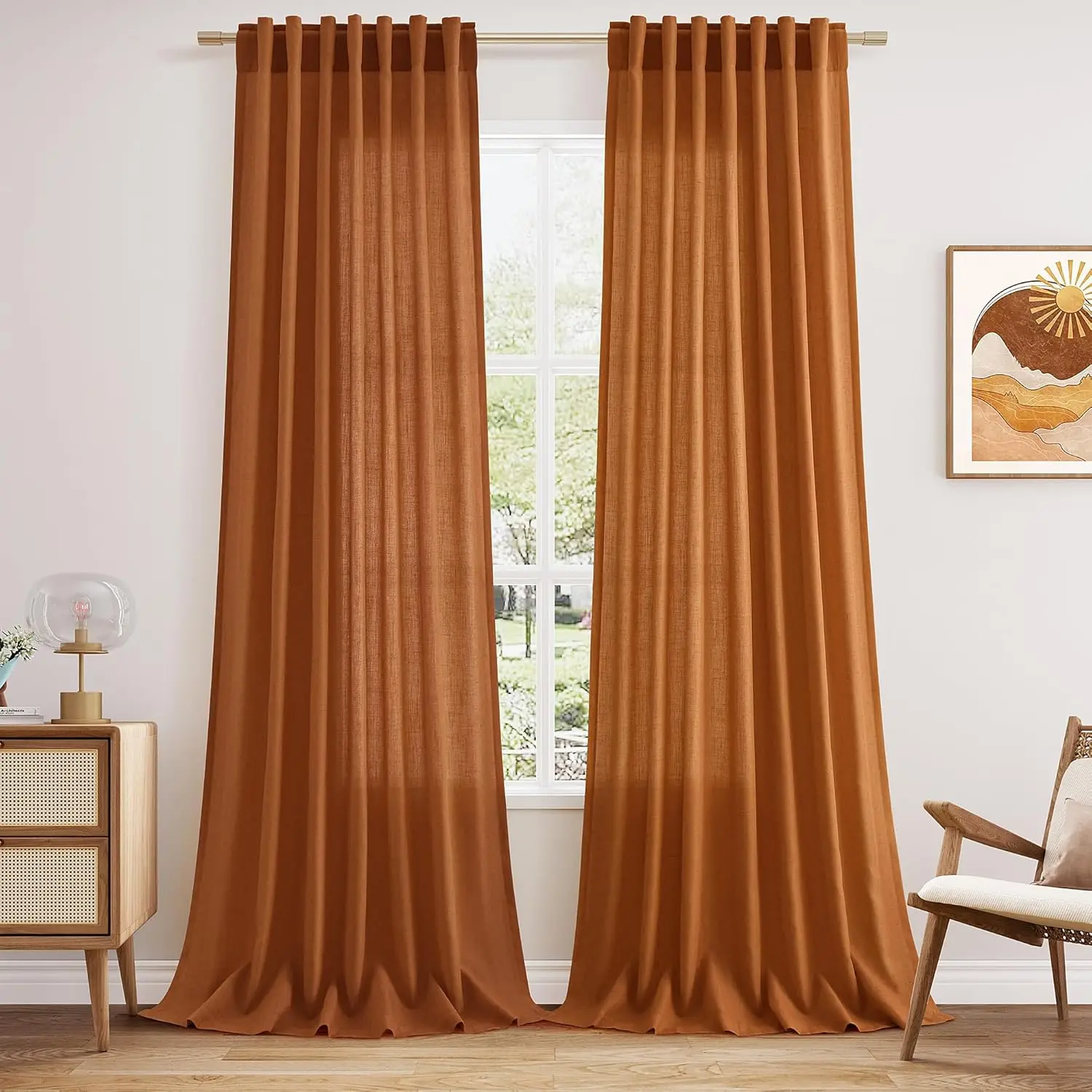 

Desert Orange Linen Textured Curtains 96 Inch 2 Panels for Bedroom Back Tab Rod Pocket Sheer Light Filtering Boho Room Decor Aes