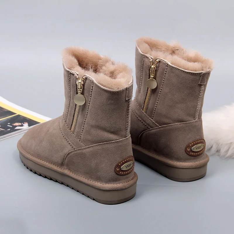 Careaymade-Winter side zipper snow boots women's Cowhide middle tube women's boots wool antiskid flat bottom warm cotton shoes