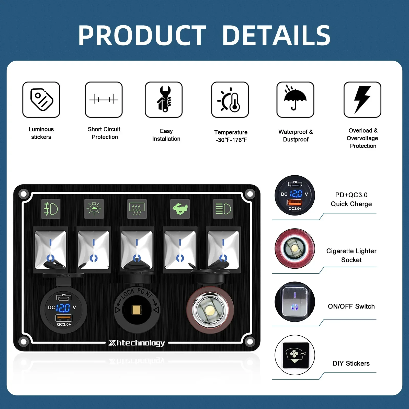 Metal 4-6 Gang Marine Rocker Switch Panel Waterproof 12 Volt, Boat Toggle Switch Panel 12V  LED Lighted for Boat Car RV view 6