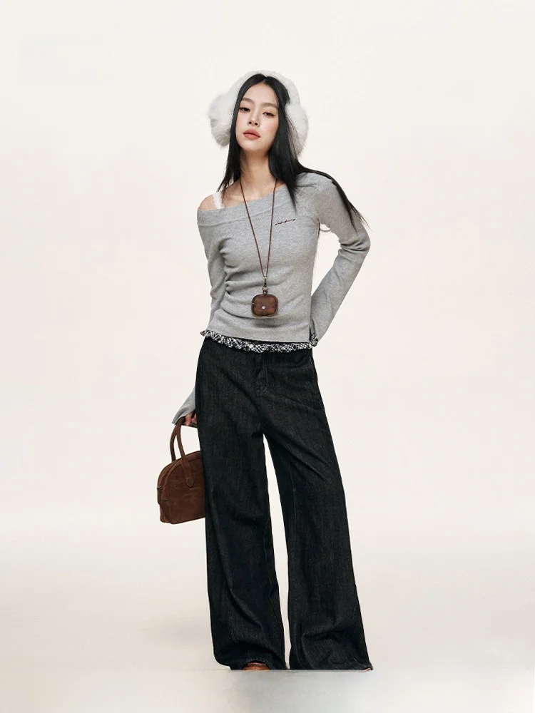 

Lii.Liilou Tailored Denim Wide Leg Jeans with Wood Grain Casual High Waist Cotton Stretch Denim Deep Color for Women