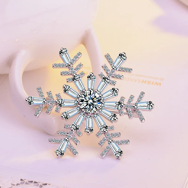 Fashion solid  925 Sterling Silver jewelry CZ Crystal Big Snowflower Brooches For Women Wedding Clothing Bag Elegant Brooch Pins