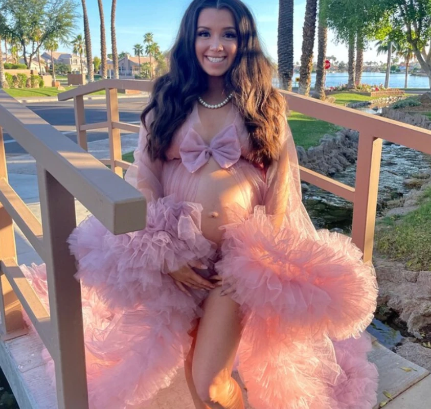 Women Dressing Gown Perspective Sheer Long Tulle Robe Puffy Pregnancy Maternity Dress for Baby Shower Nightgown Sleepwear
