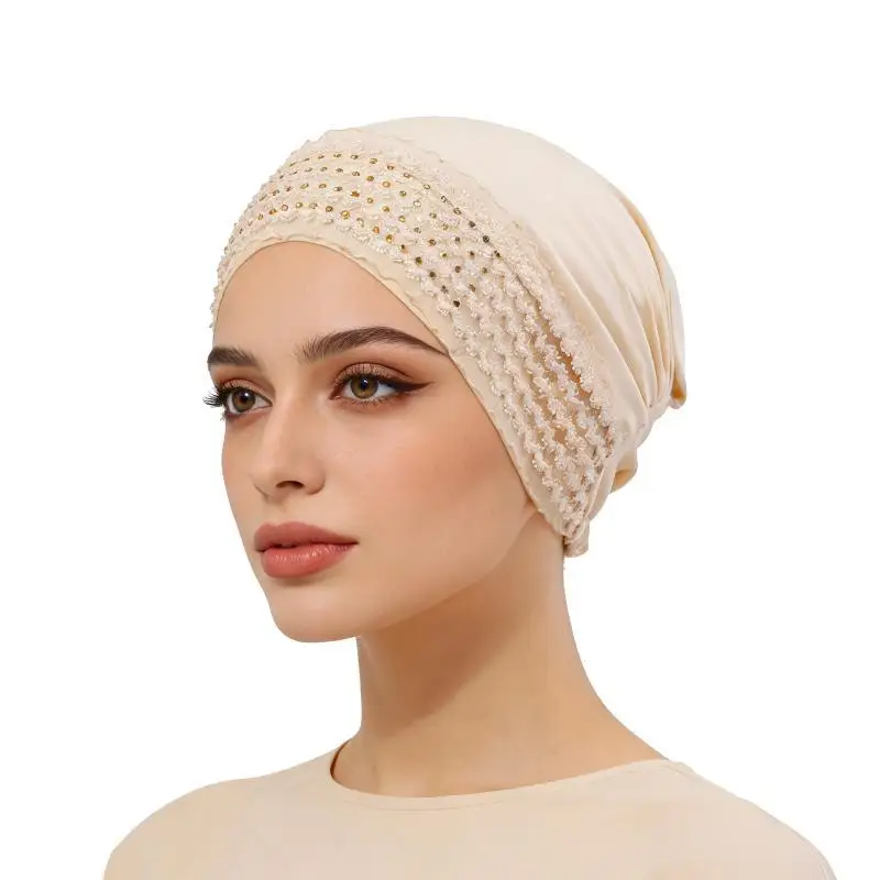 Damen-Hijab mit Spitze vorne, elastisch, weich, atmungsaktiv, Haarabdeckung, täglicher Chemo-Kopftuch – Detail 4