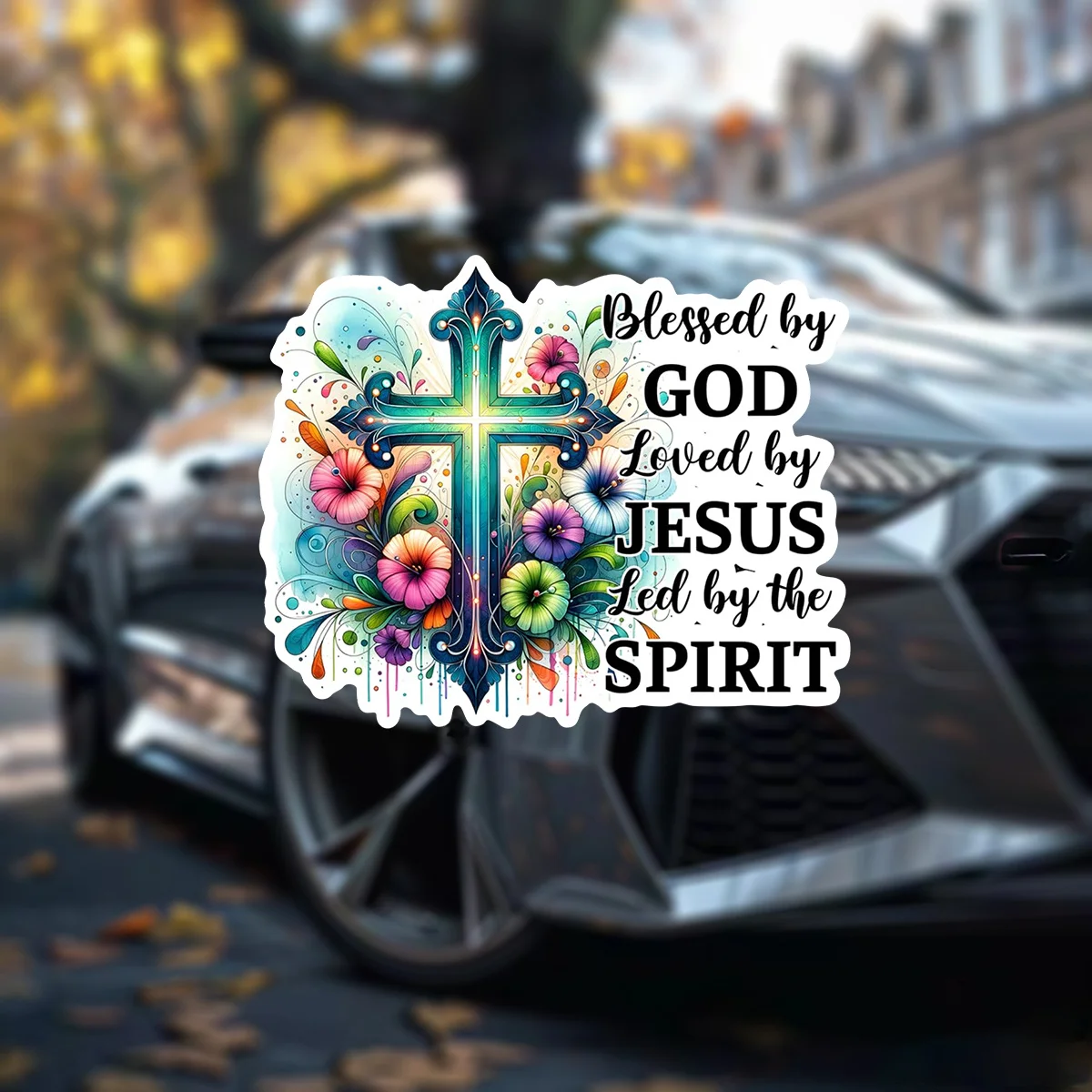 

Blessed by God Floral Cross 2D Flat Vinyl Sticker, Matte Waterproof Christian Decal for Car & Laptop