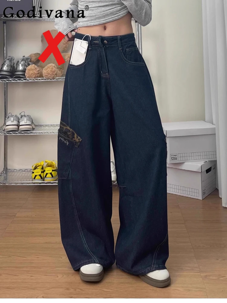 Korean Large Size Girl Street New Leopard Print High Waist Wide-leg Jeans Spring American Dark Blue Versatile Straight Trousers