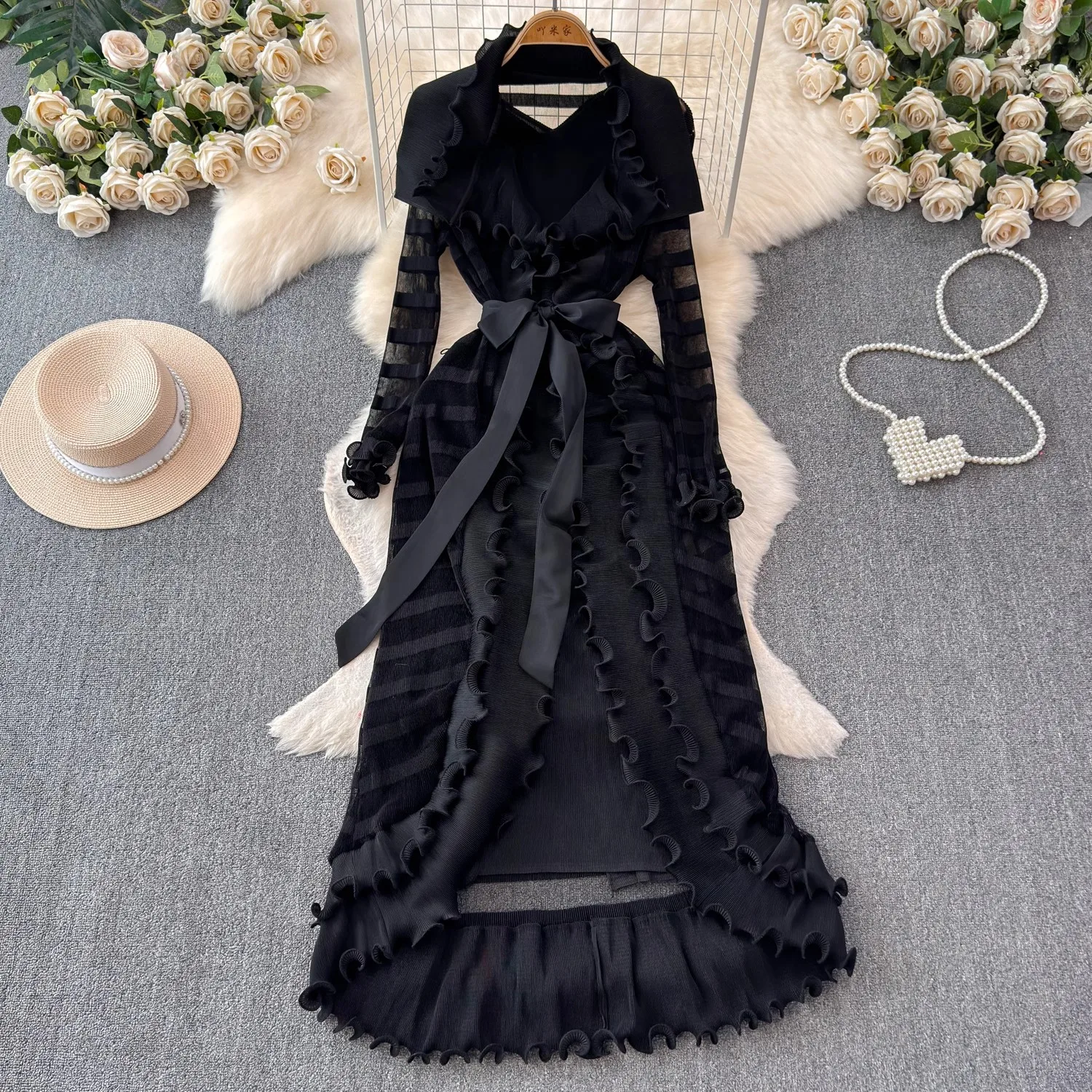 High End 2 Piece Set Spring AUtumn Women Miyake Pleated Casual Loose Ruffles Belt Party Sweet Dresses +V Neck Tank Suits