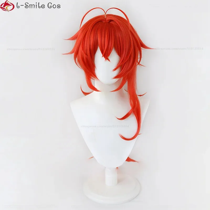 

2025 игровой косплей Ragnvindr Diluc, длинные оранжево-красные термостойкие синтетические волосы, парики для Хэллоуина + шапочка для парика