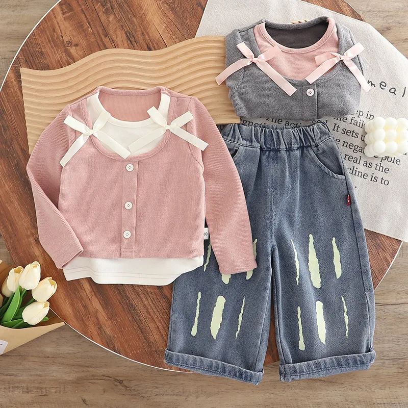 

Girls Clothes Sets Spring Autumn 2025 Children Woolen Jersey Sweters Coats Denim Pants 2pcs Fashion Suit For Baby Outfits Kids 5