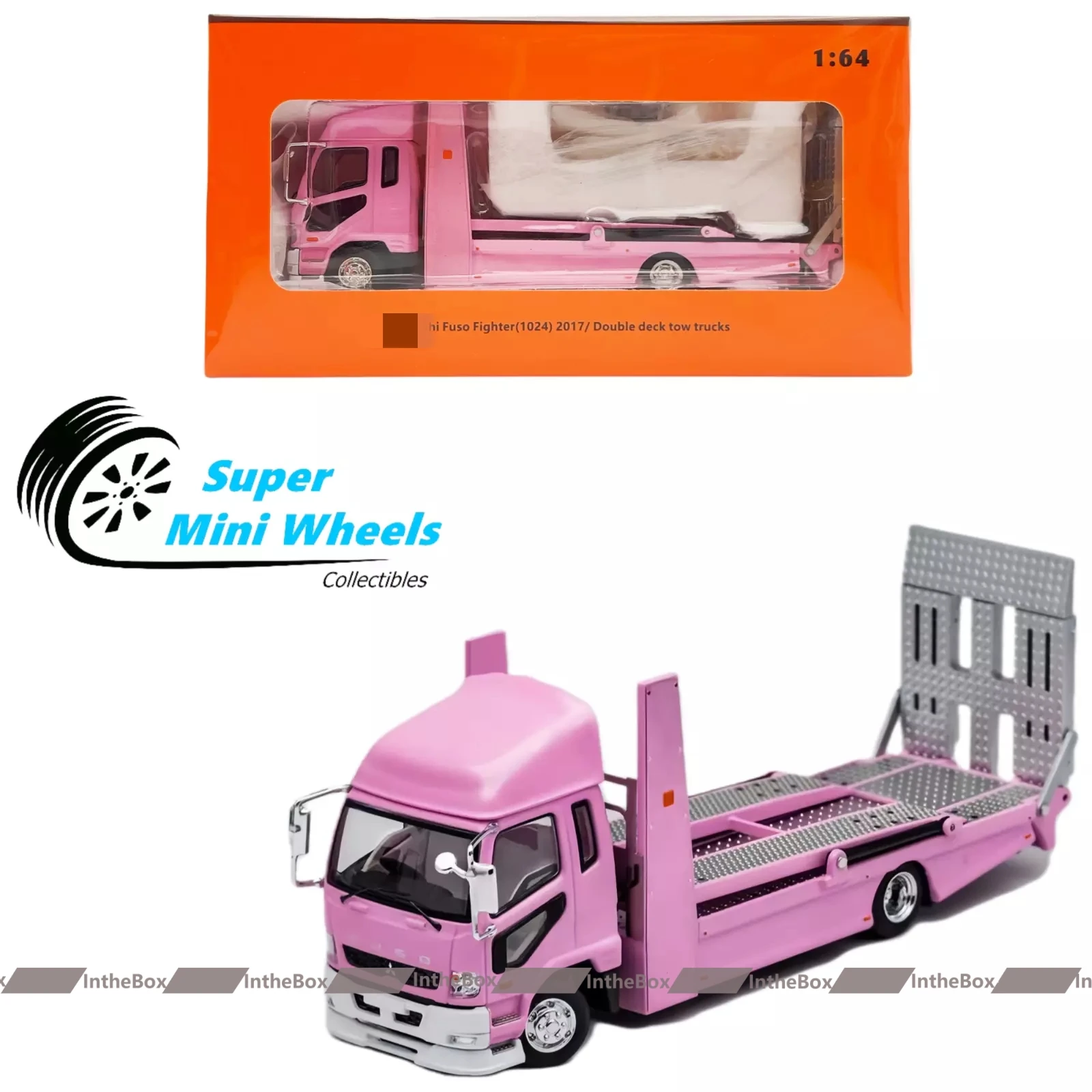 GCD 1:64 2017 Fuso Fighter Double Deck Tow Trucks Pink Diecast Model Car Collection Limited Edition Hobby Toys