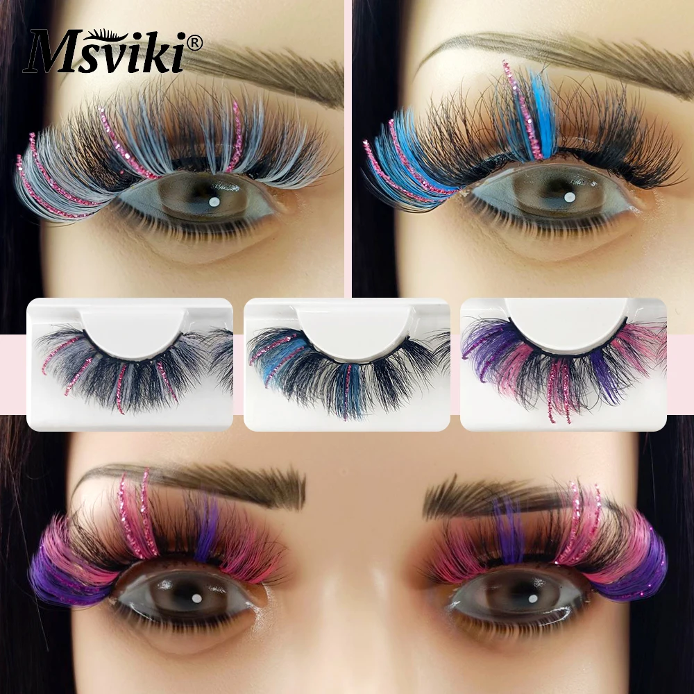 5D Fluffy 18-22MM Glitter Mink Lashes 1 Pair Party Colored Mink Eyelashes Box Package Rainbow Pink White Fake Eyelashes Makeup