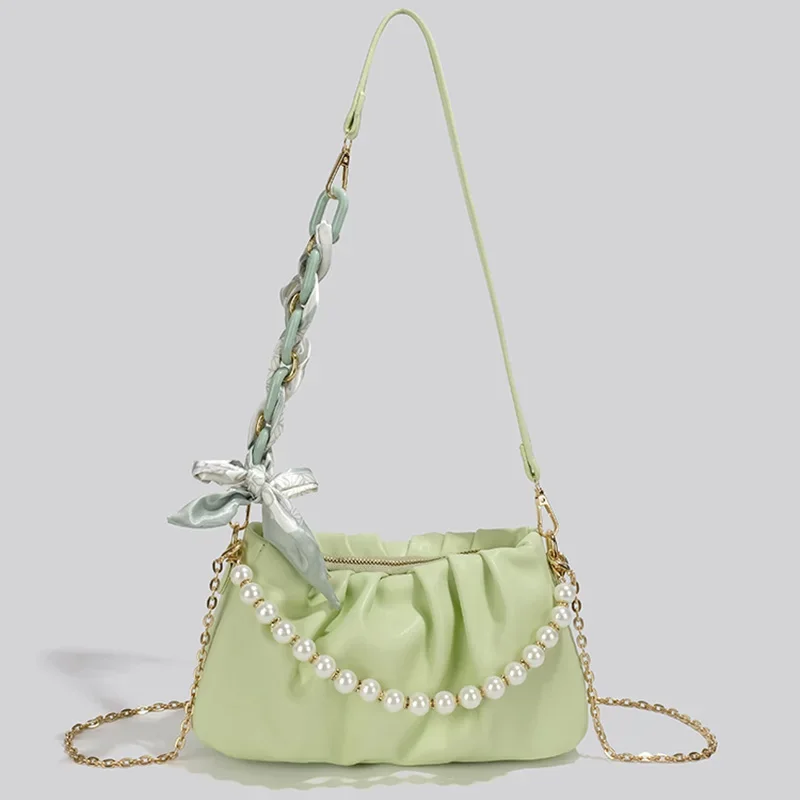 

Designer Bag Women's New Summer PU Pearl Chain Fashion Pleated Cloud Underarm Bag Single Shoulder Crossbody Bag