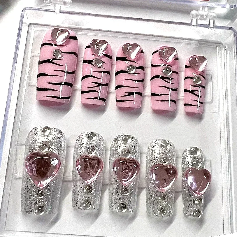 10PCS Handmade Cute Bear Acrylic Press On Nail Y2K Short False Nails Stickers Thick Long Coffin Fake Nail With Glue Custom Gift