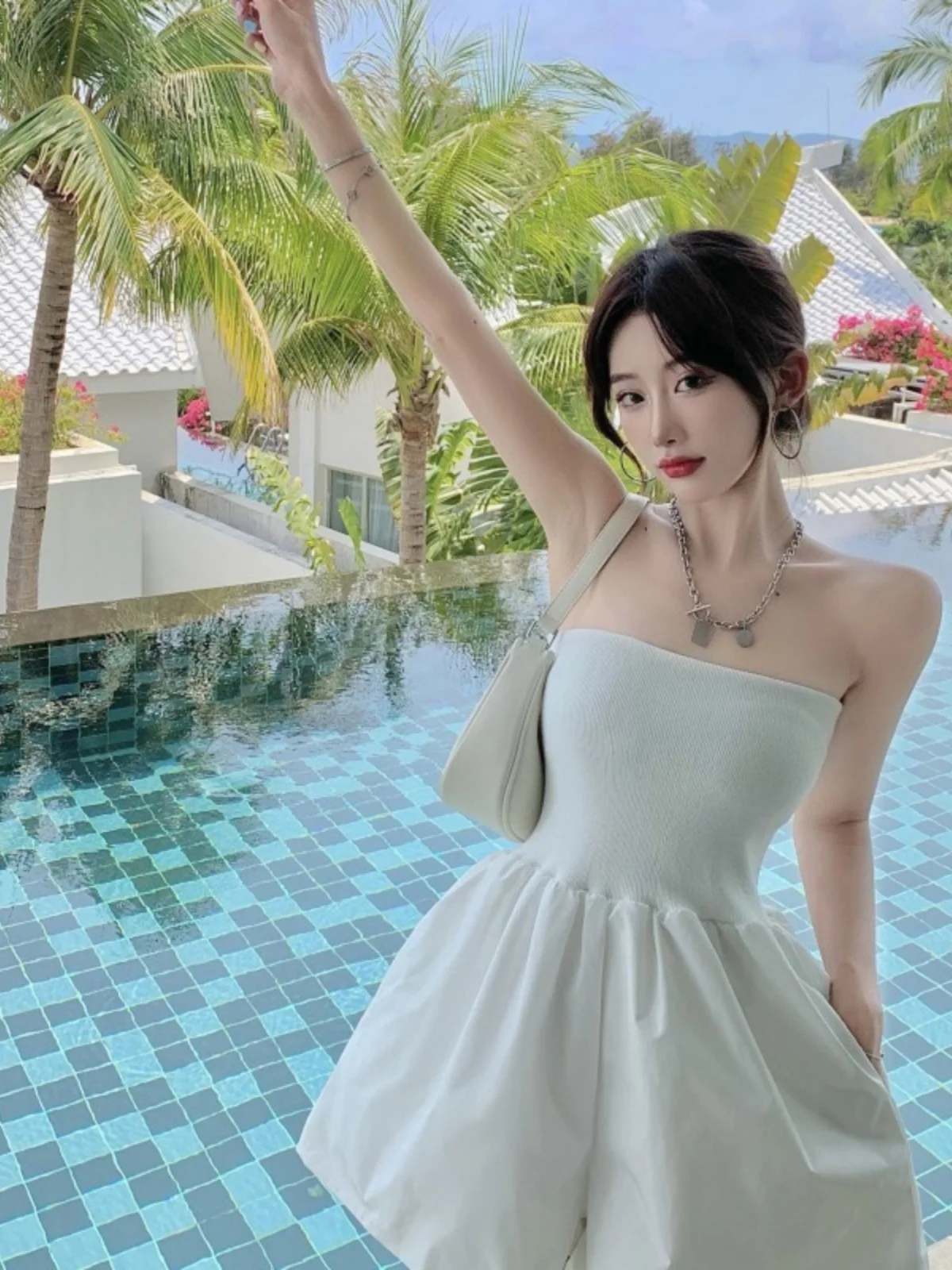 여성 여름 하이웨이스트 원피스 레이온 코튼 혼방 편안한 와이드 레그 팬츠 트렌디 캐주얼 하이웨이스트 코르셋 탑