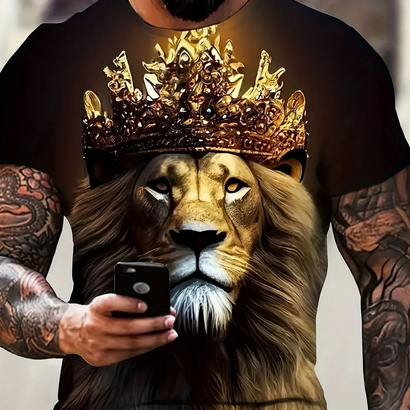 Lion and Crown Cool 3D Graphic Printing Men\'s Novelty Short Sleeve Round Neck T-shirt, Summer Outdoor