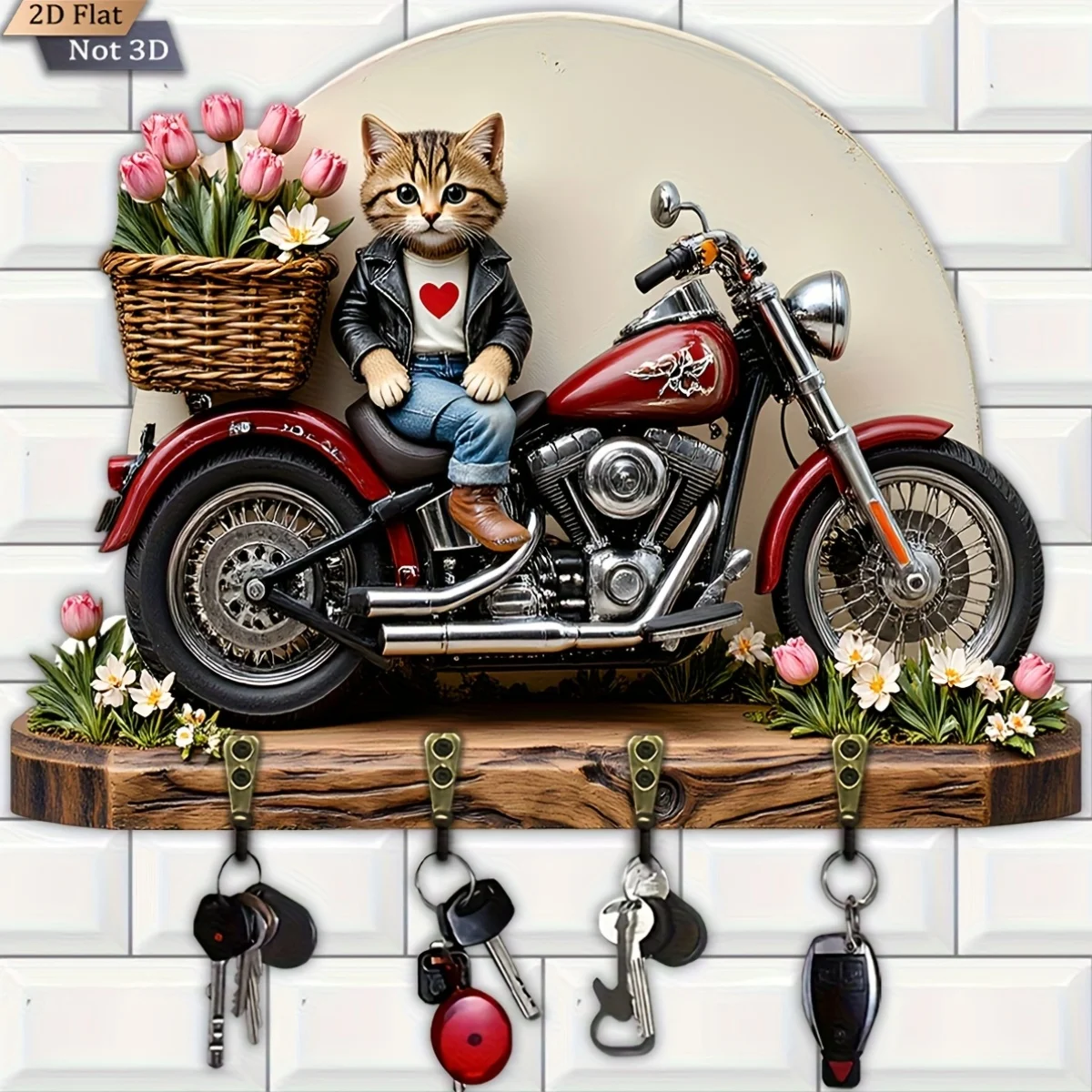 2D flach, 1 Stück, Motorrad-Wanduhr mit Katzen- und Tulpendhema, multifunktionaler Hausschlüsselhalter aus Holz mit vier Metallhaken, Wand