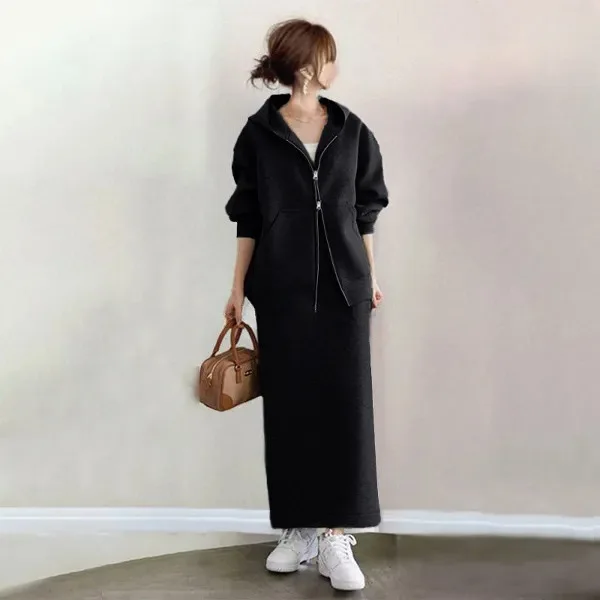 ชุดเซ็ตคุณภาพดี เสื้อฮู้ดซิปสำหรับผู้หญิง กระโปรงครึ่งตัว ชุดลำลองสองชิ้น