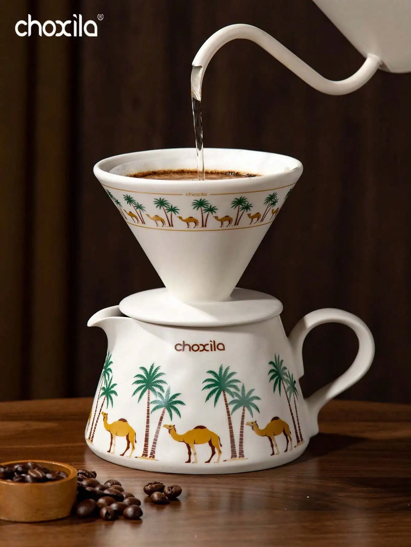 2pcs Camel & Palm Print Ceramic Coffee Dripper Set, Vintage Hand-pour Filter Cup & Server Pot, Home Barista Kit, Table Decor