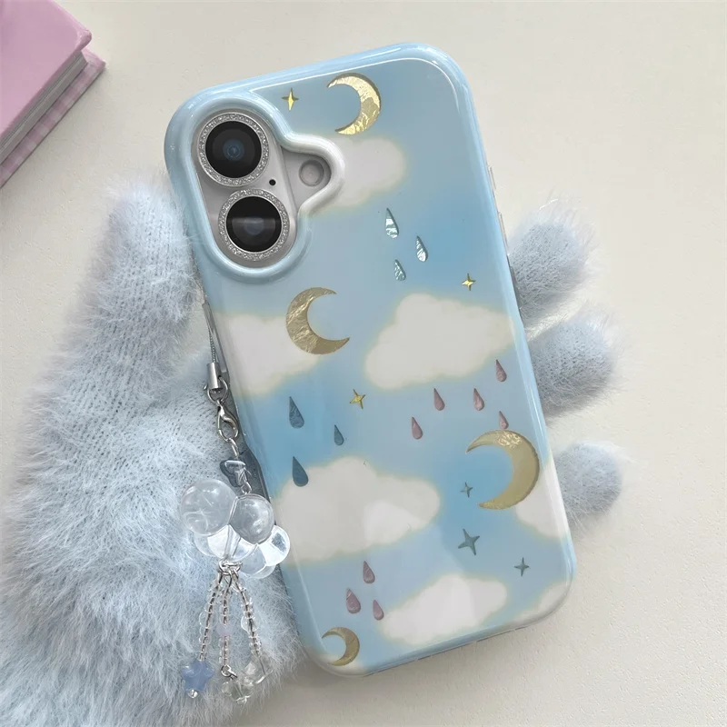 

Kawaii Sky Moon Cloud Print Phone Case For iPhone 17 16 15 14 Pro Max With Crystal Lanyard Shockproof Protective Cover For Girls