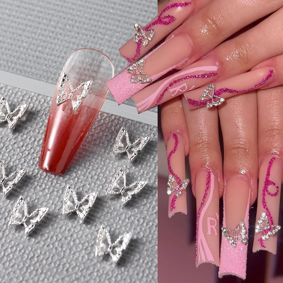 10 sztuk w kształcie motyla paznokci Rhinestone srebrne złote motyle zawieszka do paznokci 3D ozdoby do paznokci brokatowe akcesoria do Manicure