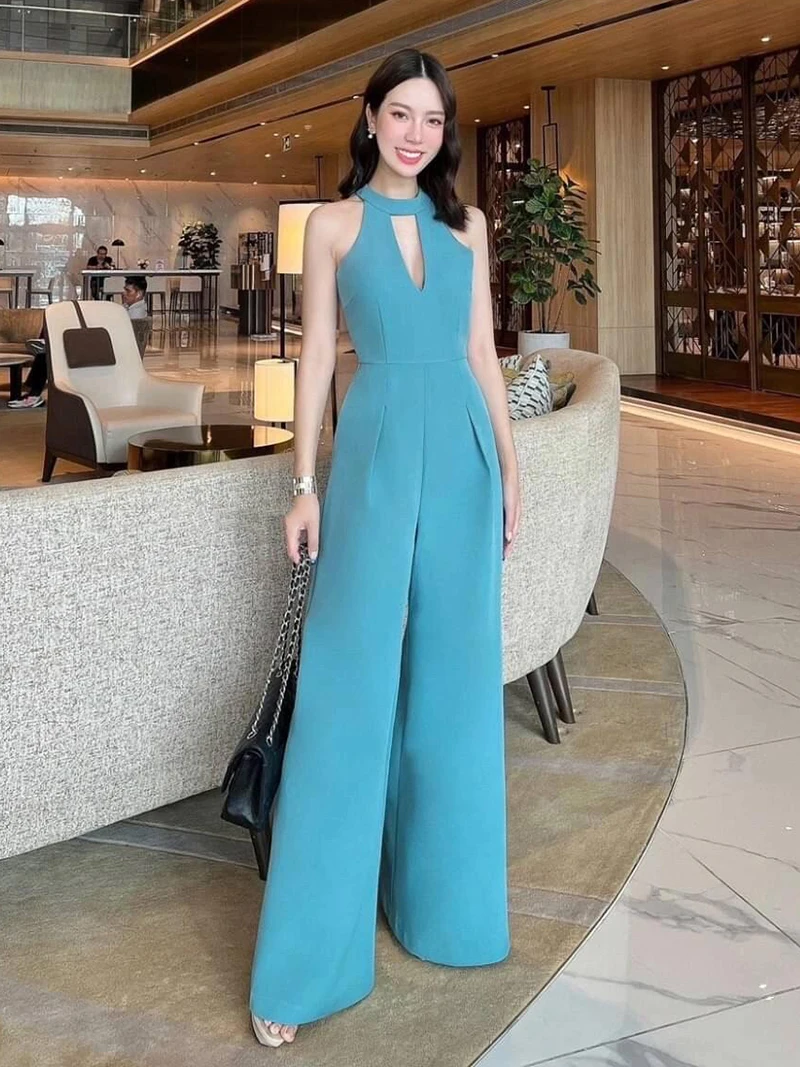 

Trendy High Waist Wide Leg Jumpsuit for Women Elegant Neck Hanging Back Exposure Hollow out Slimming Chinese Brand Commute Style