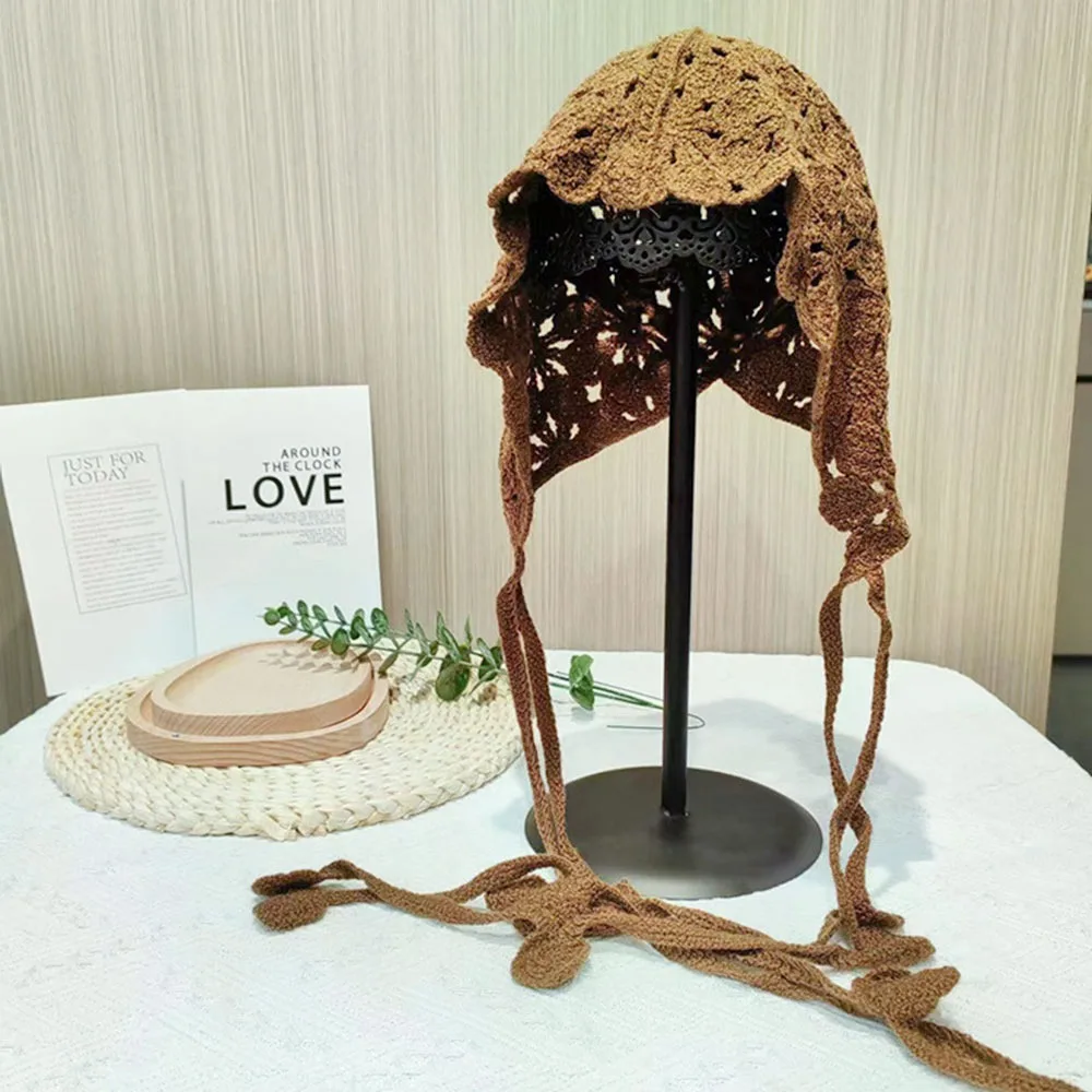 

Breathable Bohemian Summer Flower Hat Hollowed Out Crocheted Beret Cap Travel Hand-knitted Knitted Hat for Women