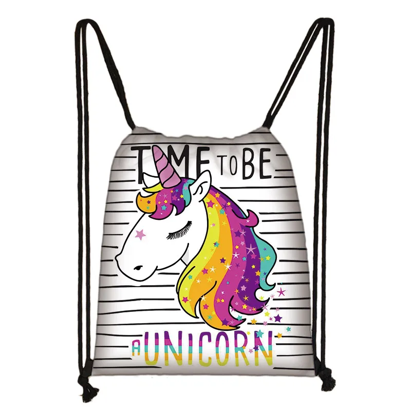 Cute Cartoon Unicorn Pony Print Drawstring Bag Boys Girls Storage Bags for Travel Kids Bookbag Women Party Bag Casual Backpack