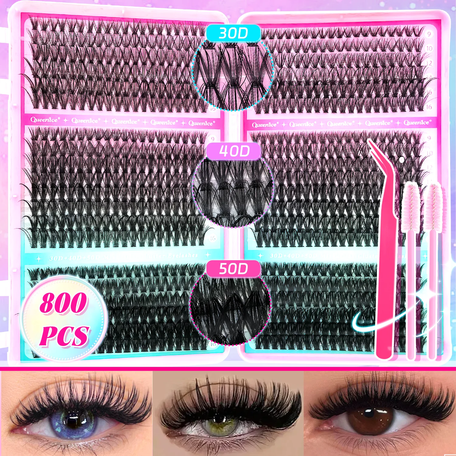 800 Stück 30D/40D/50D falsche Wimpern |   QUEENICE Cluster-Wimpern für Zuhause, Hochzeiten, Partys, Festivals und tägliche Make-up-Looks