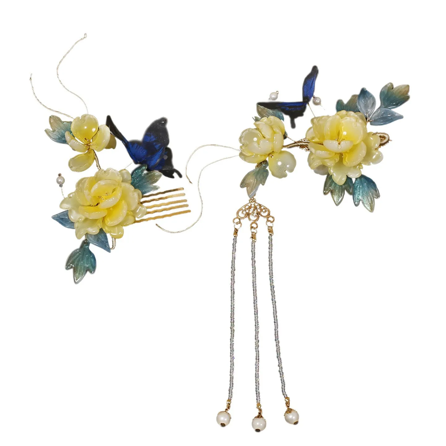 Chinese Style Yellow Glaze Flower Hair Accessories Set Tassel Hair Clip Hair Comb Hanfu Hair Jewelry For Cosplay Photo Shoot Wed 5