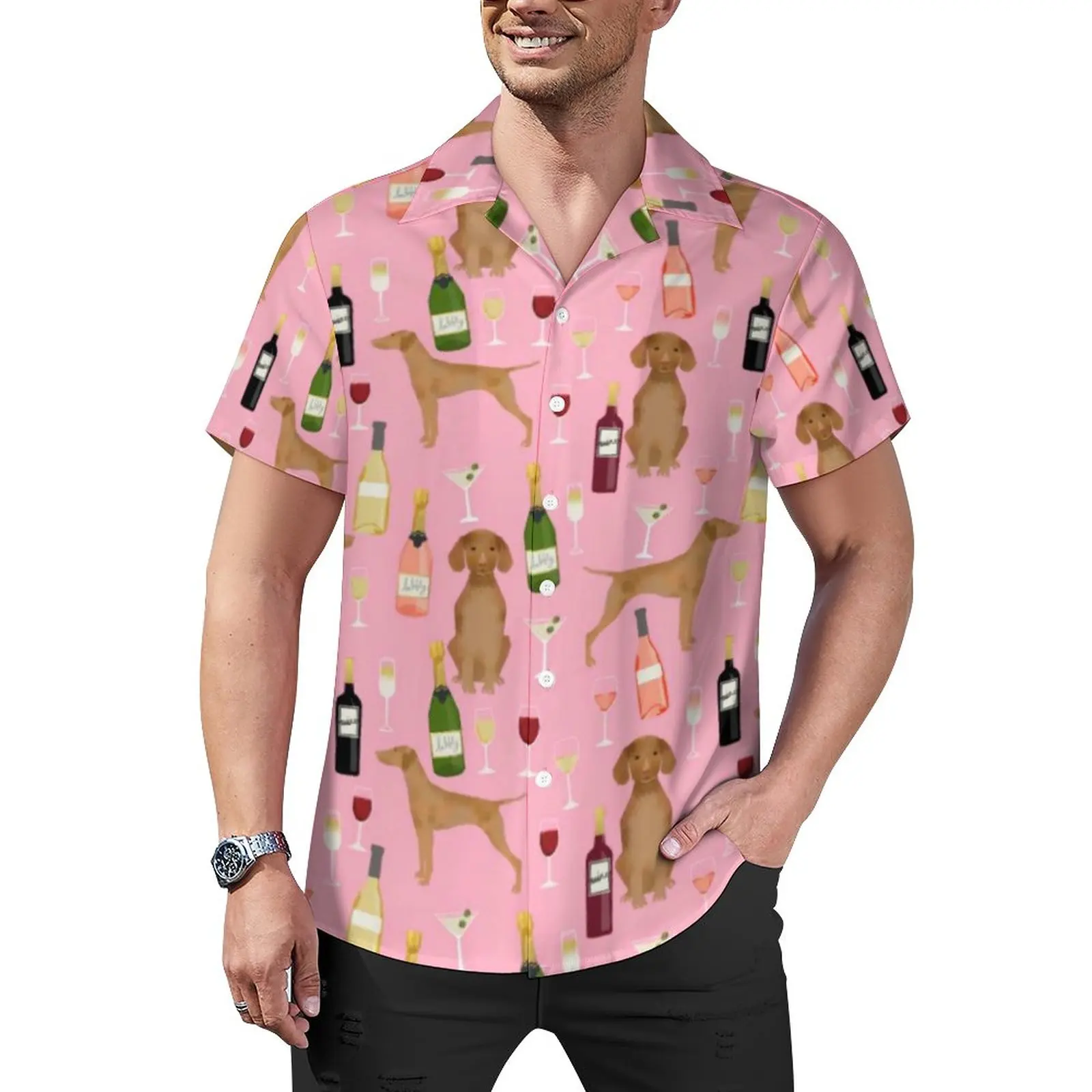 

Wine Lover Casual Shirts Vizsla Dog Print Vacation Shirt Hawaii Novelty Blouses Male Print Plus Size