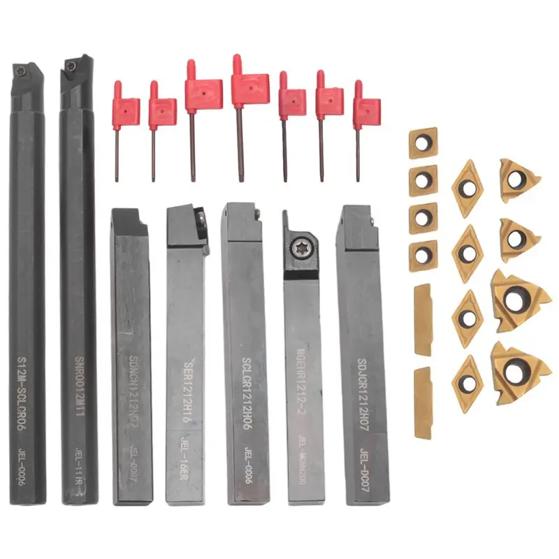KSOL Lathe Threading Tool Set 21 Pieces - 7 Pcs 1/2Inch Turning Shank Boring Bars with 14 Pcs Indexable Carbide Inserts B